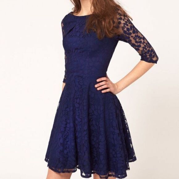 ASOS BLUE LACE SHEATH DRESS LINED 3/4 SLEEVE SZ 4‎ - Picture 1 of 7